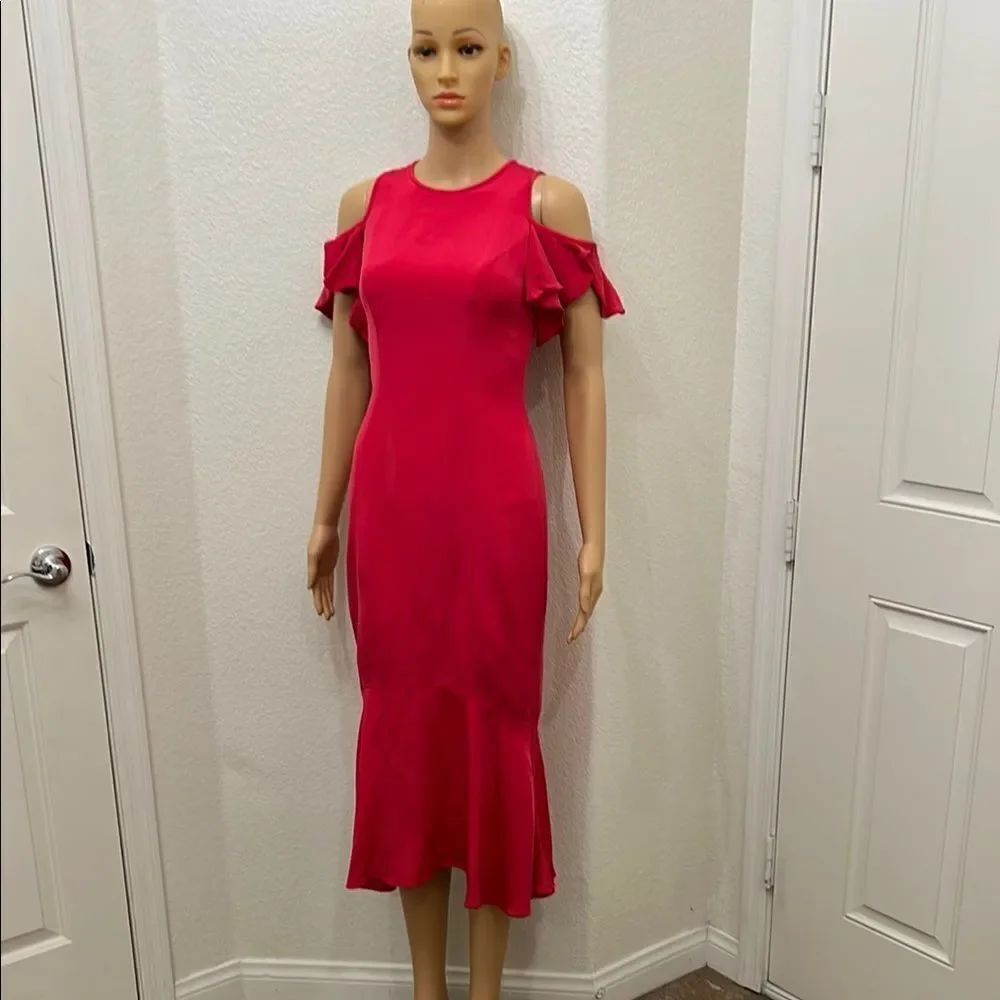 Theia Red Ruffled Silky Mermaid Dress Size 0βScoop Neck Cutout Flutter Sleeve